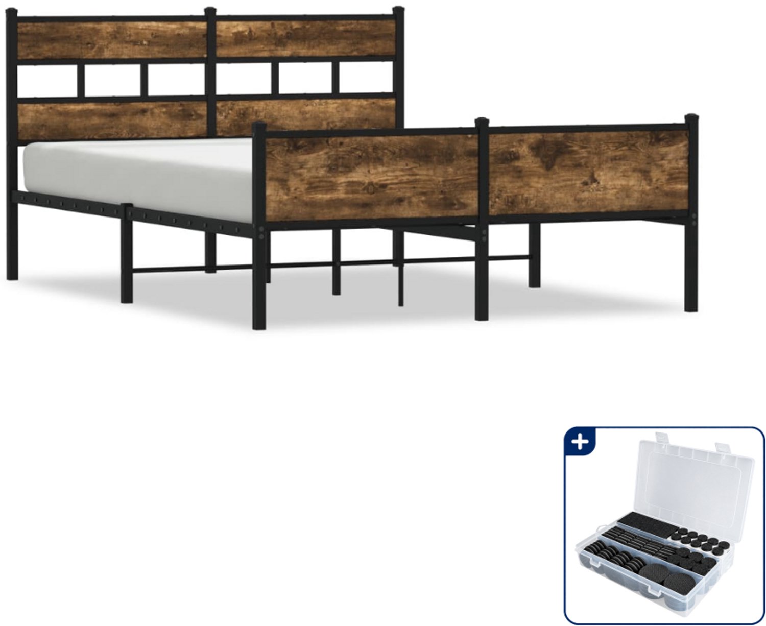 vidaXL bedframe - 150 x 200 cm - staal en bewerkt hout - gerookt eiken - Inclusief antikrasvilt 177-delig Bruin