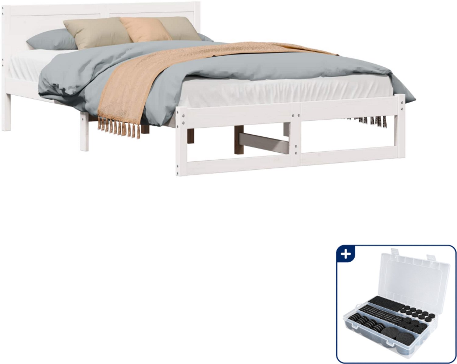vidaXL bedframe - 135 x 190 cm - massief grenenhout - wit - Inclusief antikrasvilt 177-delig