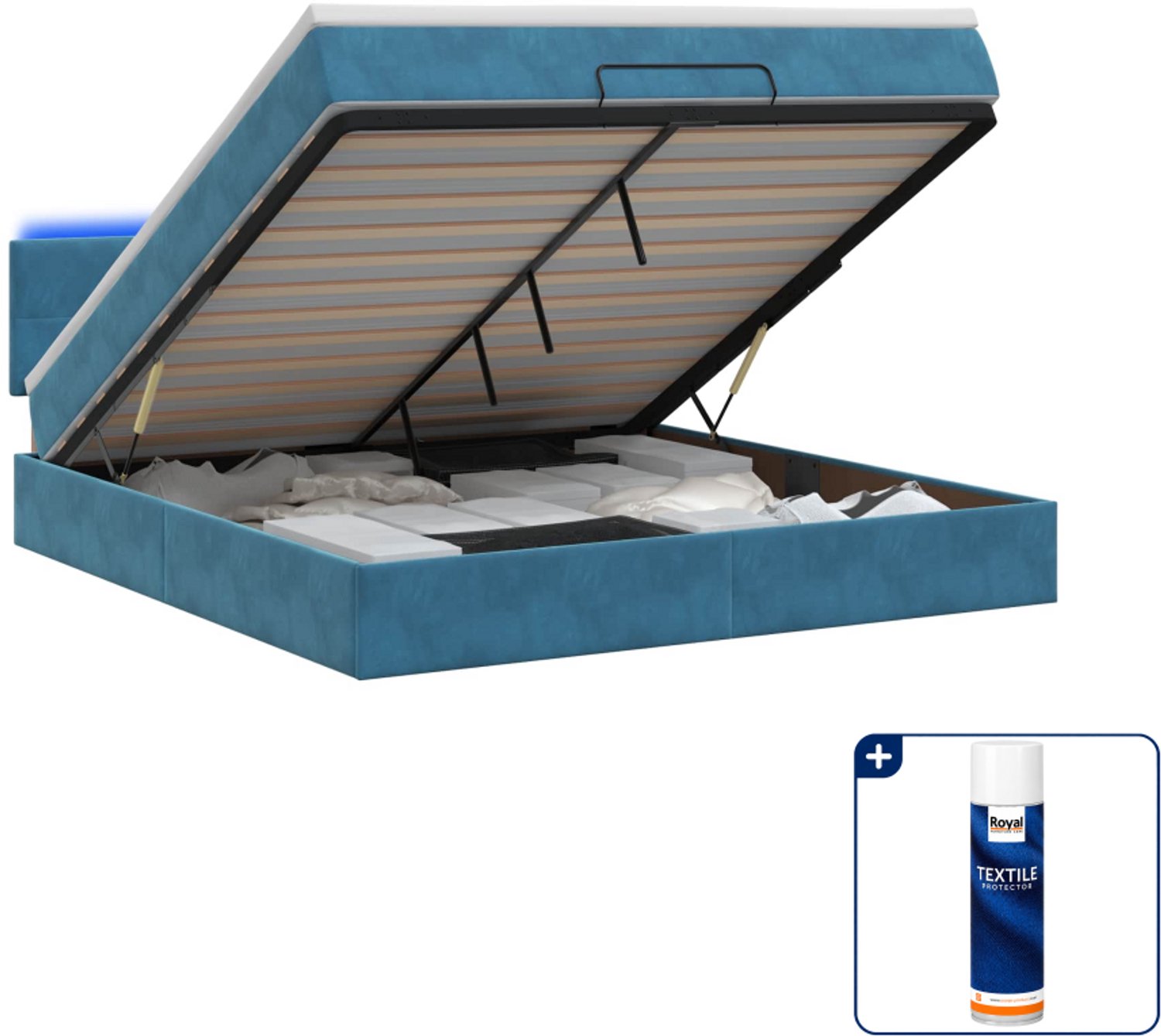 vidaXL ottoman bed met matras en led - 140 x 190 cm - donkerblauw - Inclusief textielbeschermer 500 ml
