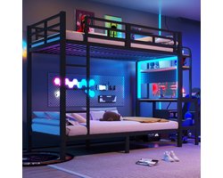 Stapelbed - 90 x 200 cm - Zwart - metaal - LED-verlichting - USB-aansluiting - Bureau