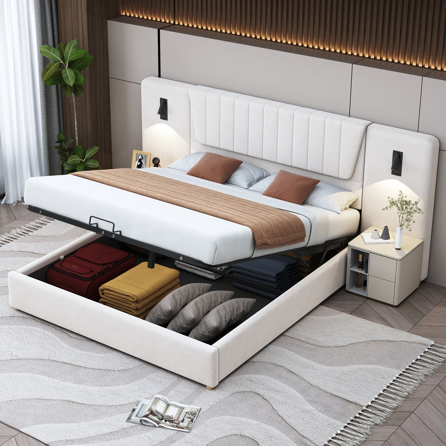 Zubaliya Gestoffeerd bed - 180 x 200 cm - Beige - stoffering - Hydraulische opbergruimte - USB-aansluiting - Leeslamp