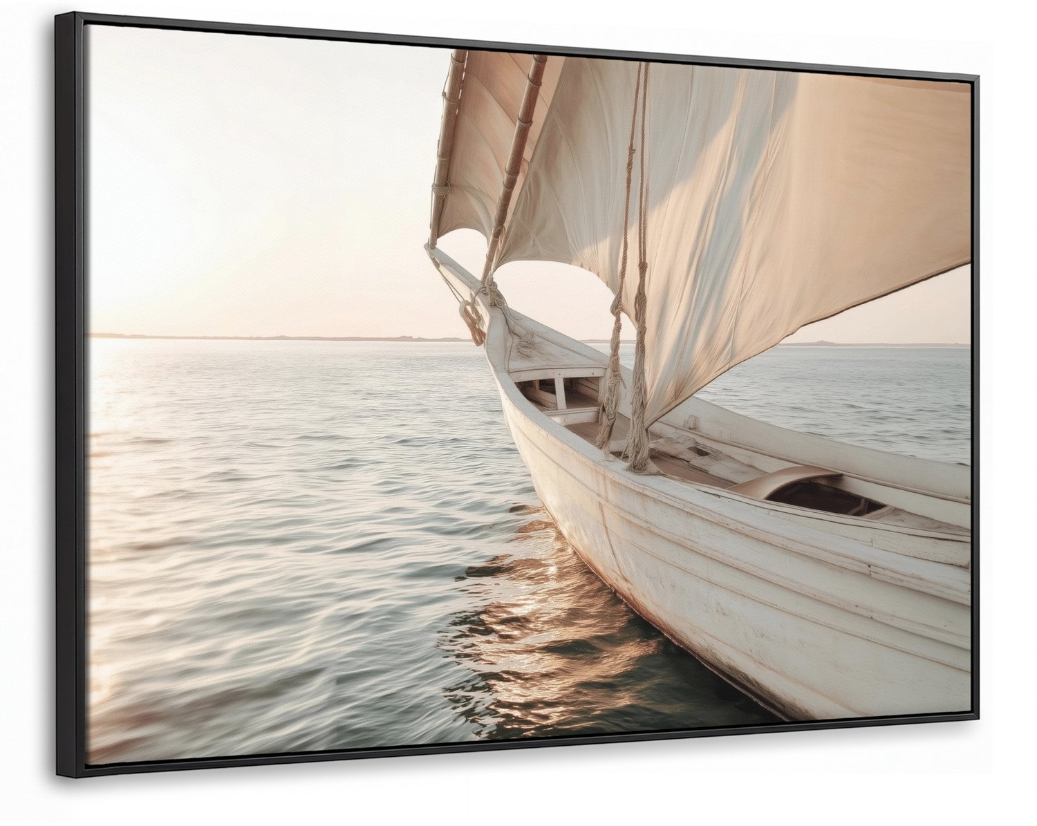 Canvas Schilderij met Baklijst XXL Canvas Schilderij met Baklijst 120x80cm - Zeilboot - Zee - Beige - Zon - Muurdecoratie woonkamer - Slaapkamer decoratie - Kamer accessoires - Schilderijen op canvas met lijst groot