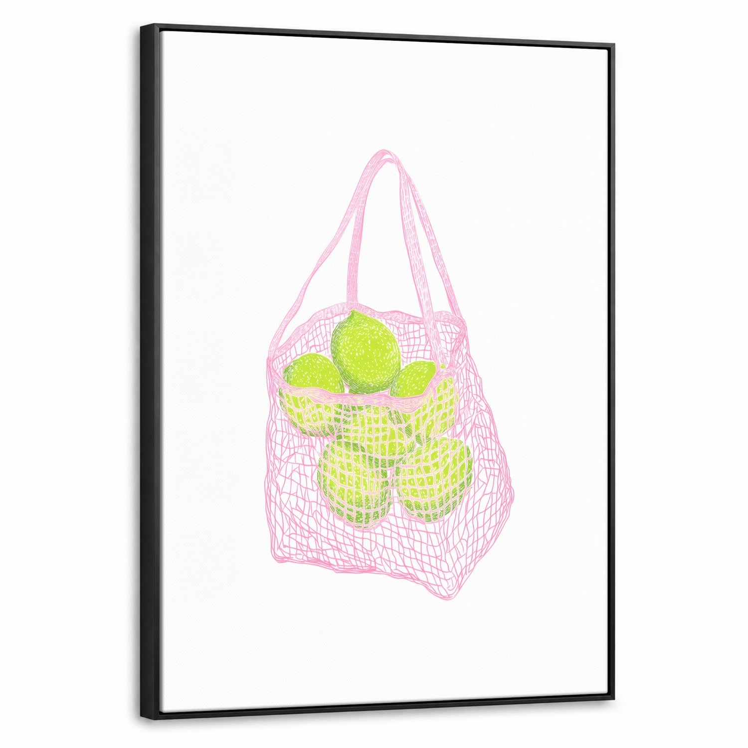 Canvas Schilderij met Baklijst 50x70cm - Netzakje - Roze - Illustratie - Limoenen - Muurdecoratie woonkamer - Slaapkamer decoratie - Kamer accessoires - Schilderijen op canvas met lijst