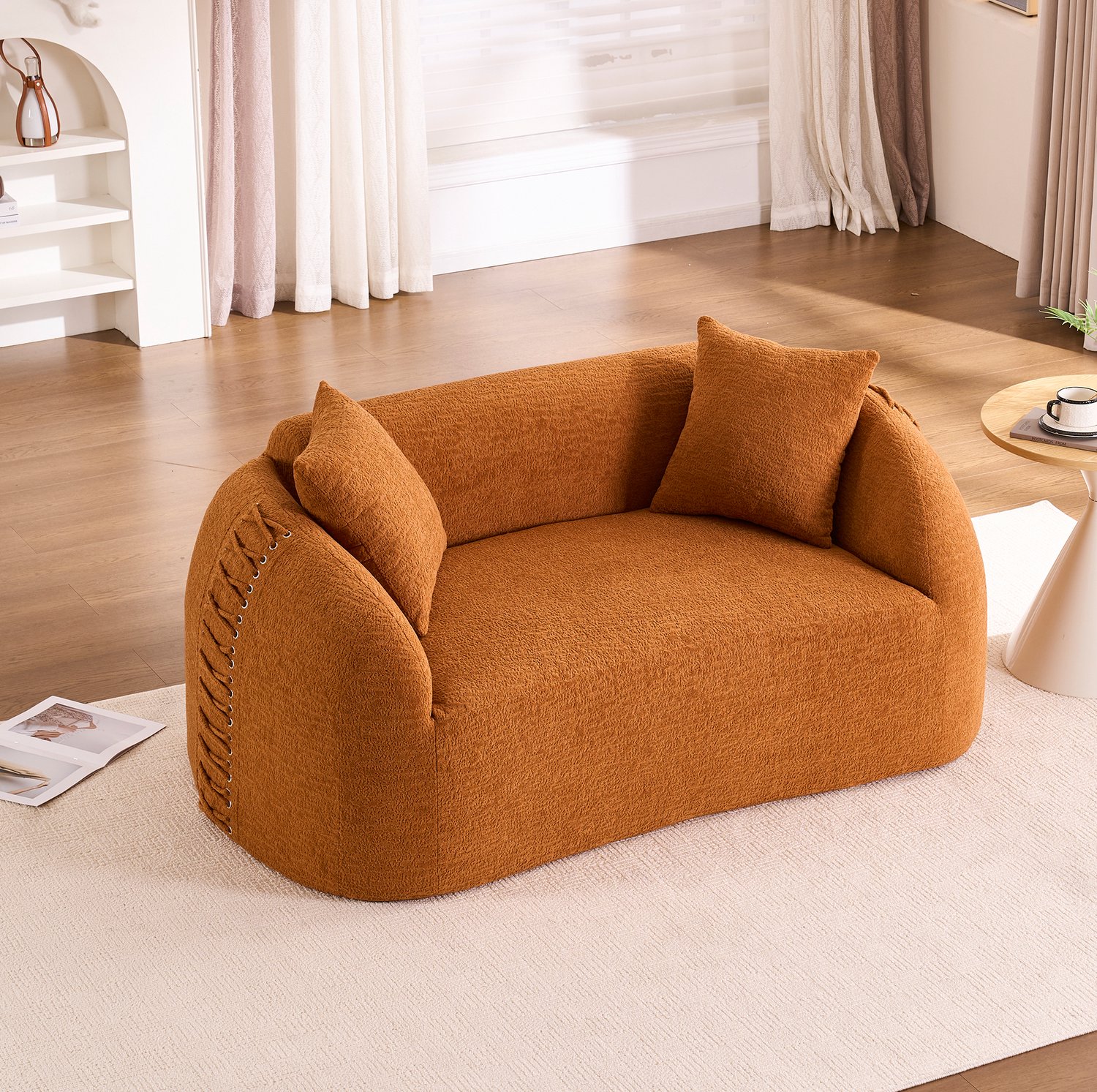 STILVORA Zitbank 155 x 90 x 67 cm - Gebogen 2-Zitsbank met Sierkussens - Voor Woonkamer en Slaapkamer - Chenille - Oranje
