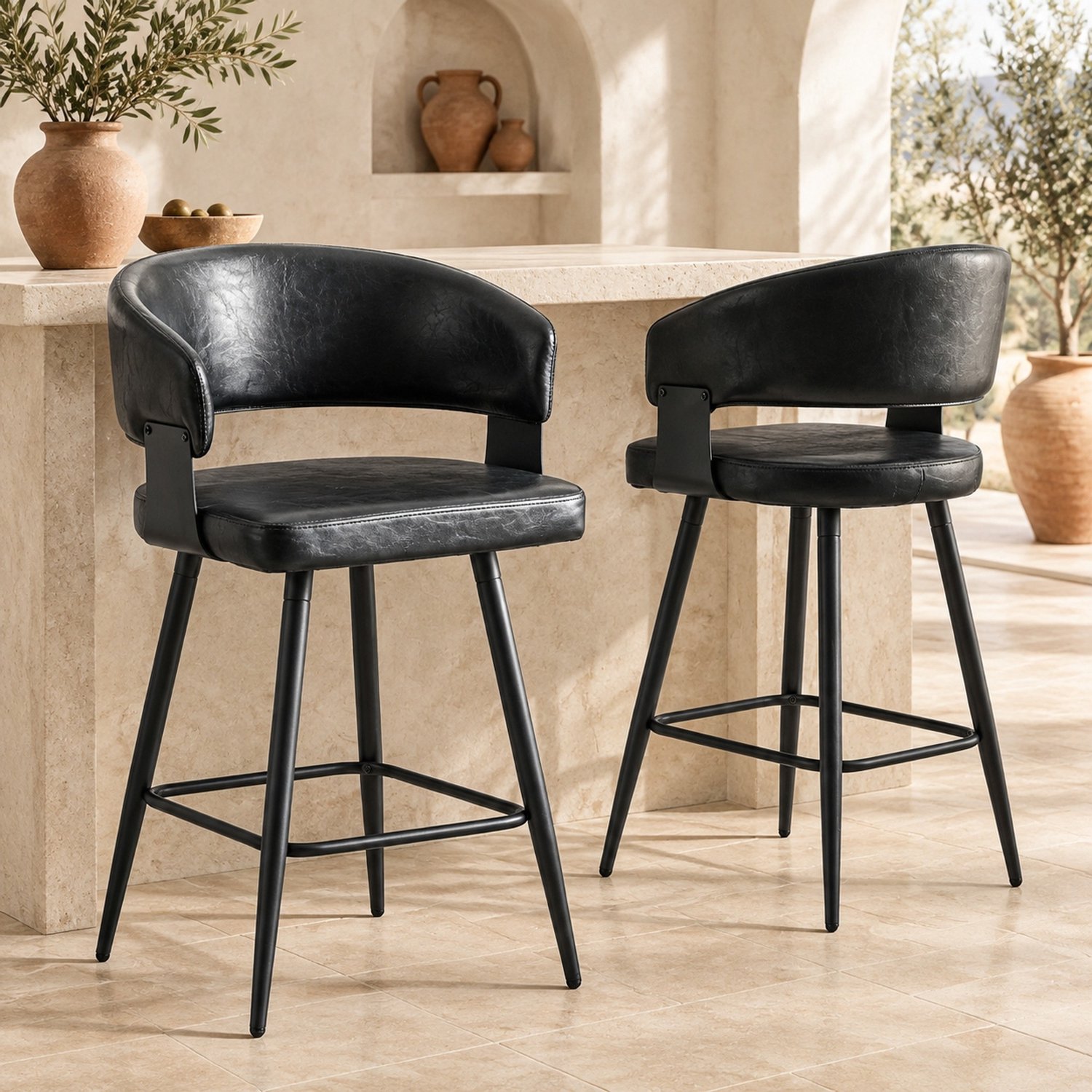 MODFU Eetkamerstoelen Set Van 2 - Kuipmodel Met Armleuningen - Kunstleer - Metaal - Zwart