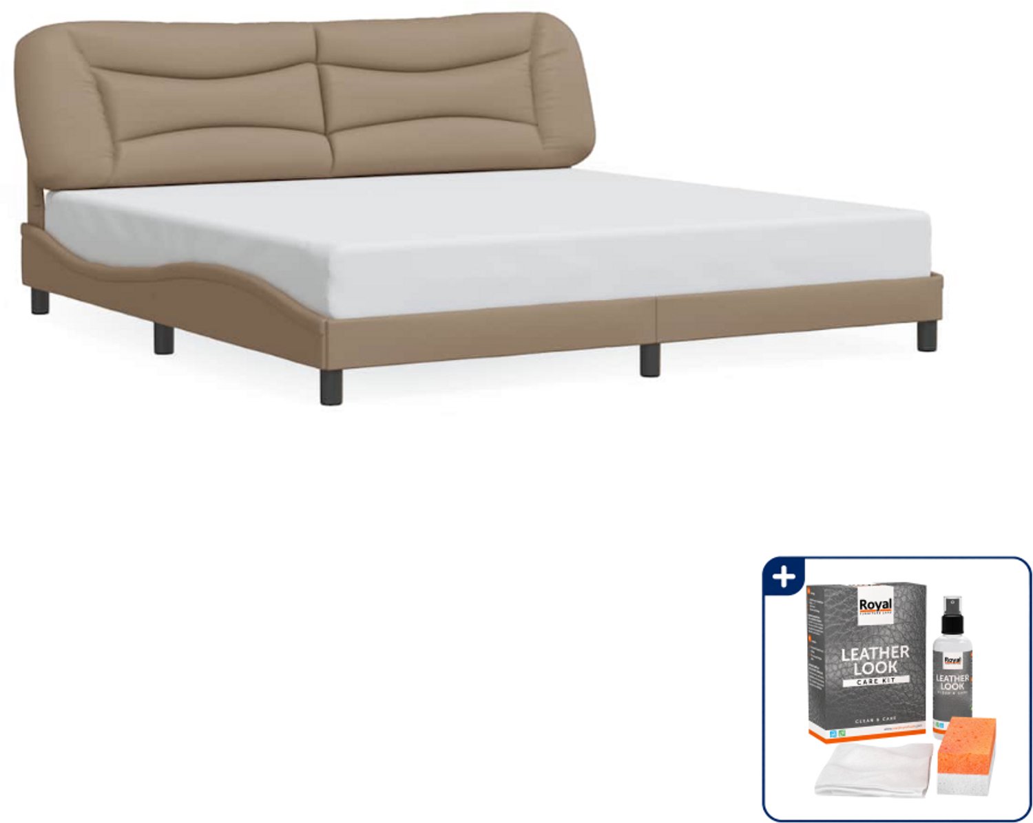 vidaXL Hvar bedframe - 200 x 200 cm - kunstleer - cappuccino - Inclusief onderhoudsset voor kunstleer 150 ml Zwart