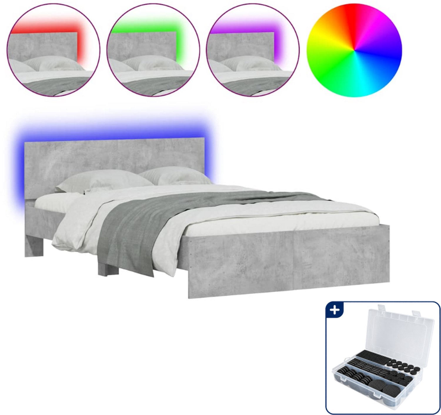 vidaXL Bedframe met hoofdeinde en led - 120 x 200 cm - betongrijs - Inclusief antikrasvilt 177-delig