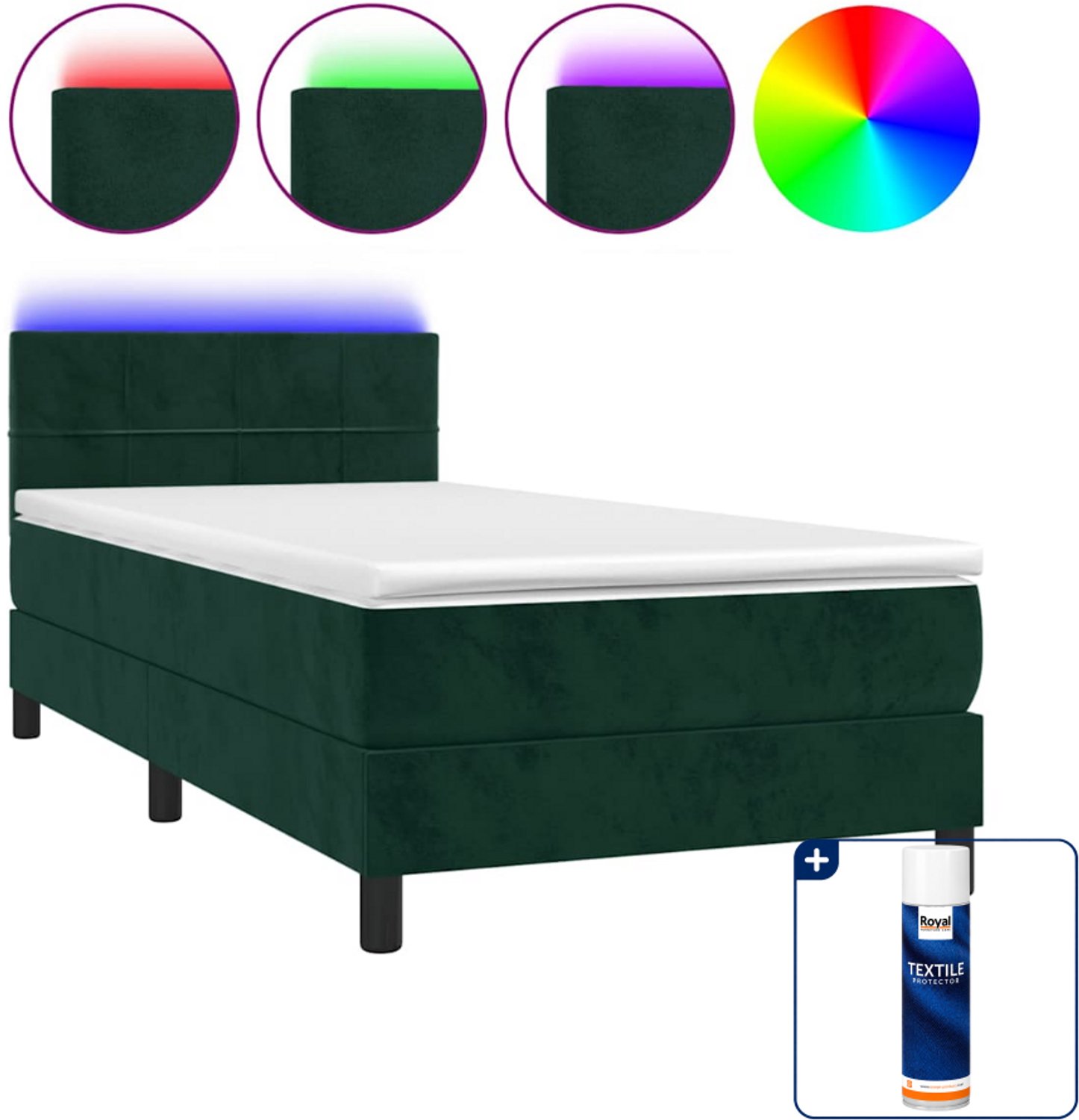 vidaXL boxspring met matras en led - 90 x 200 cm - fluweel - donkergroen - Inclusief textielbeschermer 500 ml