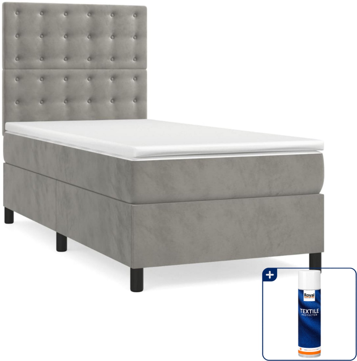 vidaXL boxspring met matras 90 x 190 cm - fluweel - lichtgrijs - Inclusief textielbeschermer 500 ml