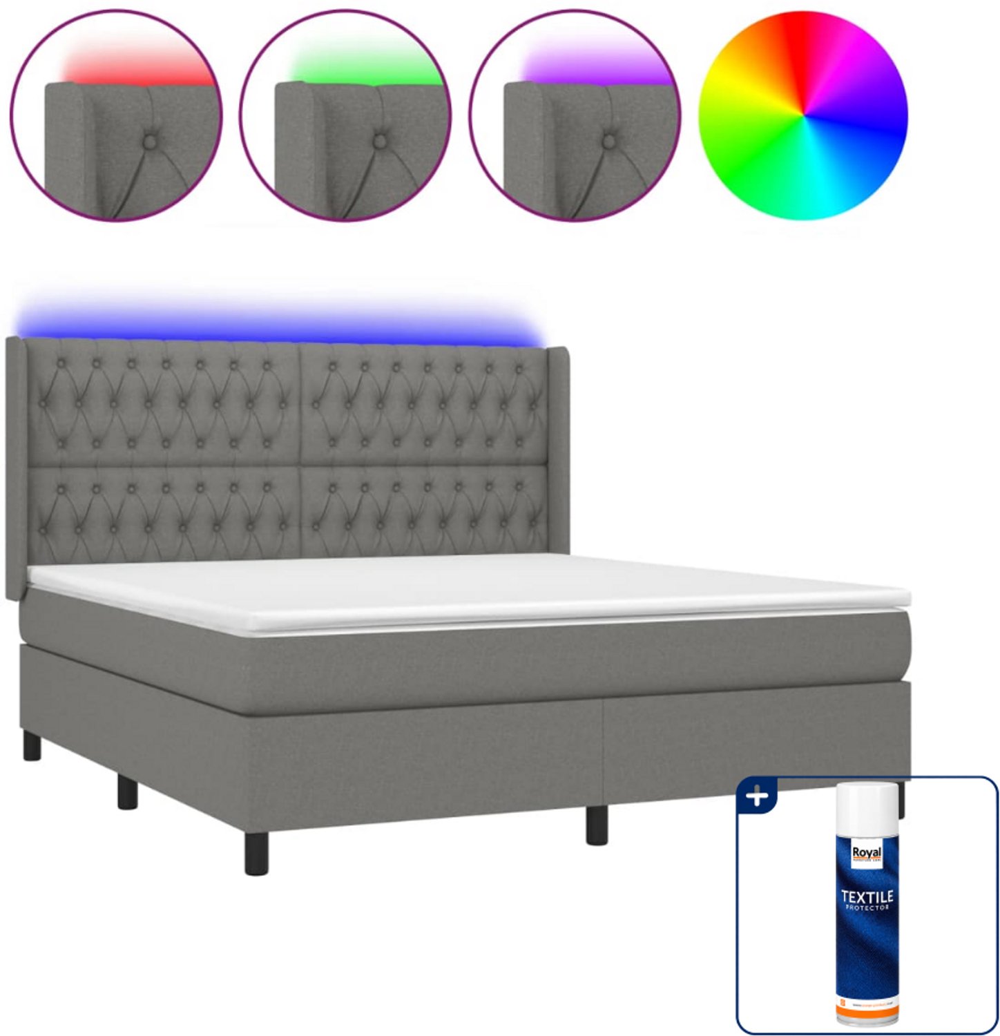 vidaXL Kingsize boxspring met matras en LED - 180 x 200 cm - donkergrijs - Inclusief textielbeschermer 500 ml