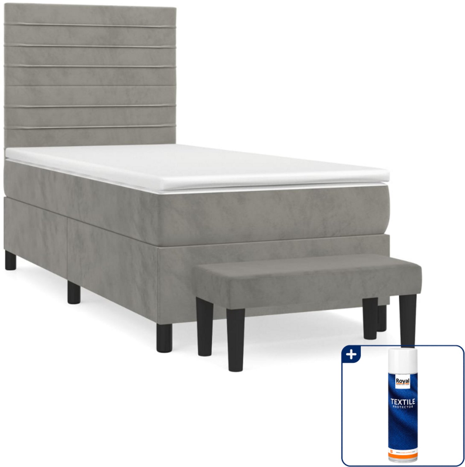 vidaXL boxspring met matras en bankje - 90 x 190 cm - lichtgrijs - Inclusief textielbeschermer 500 ml