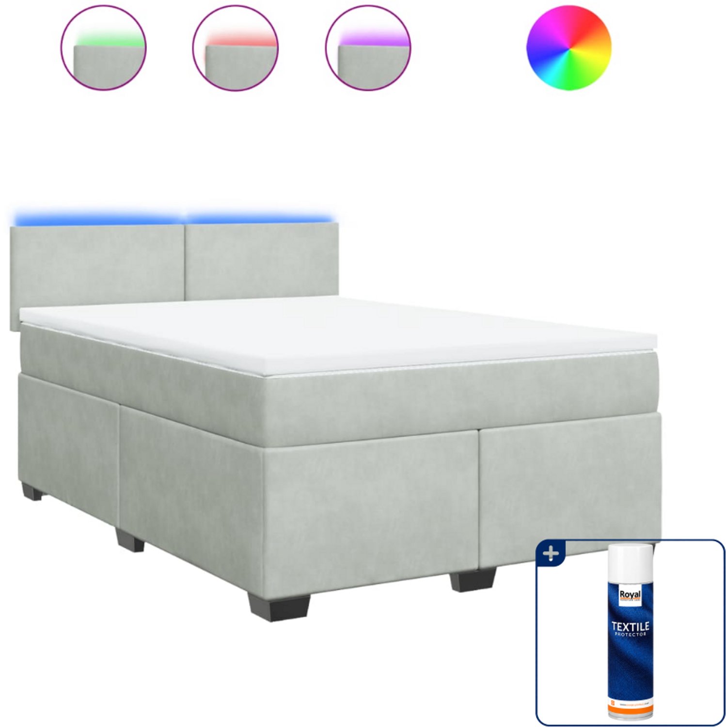 vidaXL Boxspring met matras - 140 x 190 cm - fluweel - lichtgrijs - Inclusief textielbeschermer 500 ml
