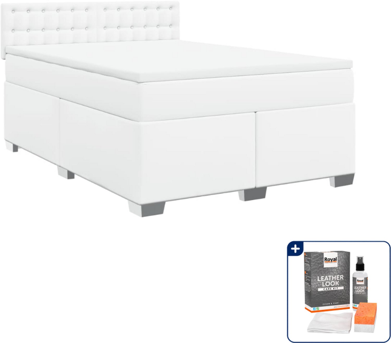 vidaXL Boxspring met matras - 140 x 190 cm - kunstleer - wit - Inclusief onderhoudsset voor kunstleer 150 ml