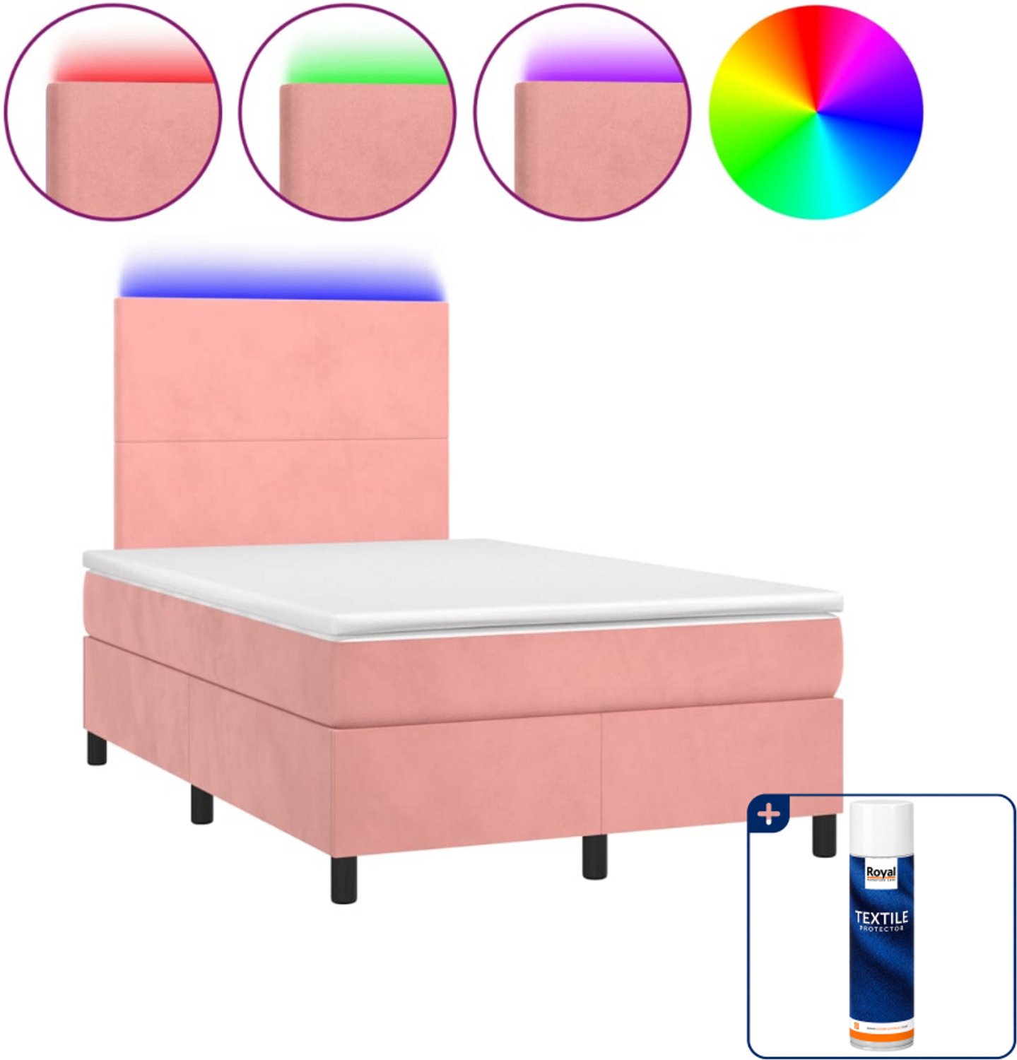 vidaXL boxspring met matras en led - 120 x 190 cm - fluweel - roze - Inclusief textielbeschermer 500 ml