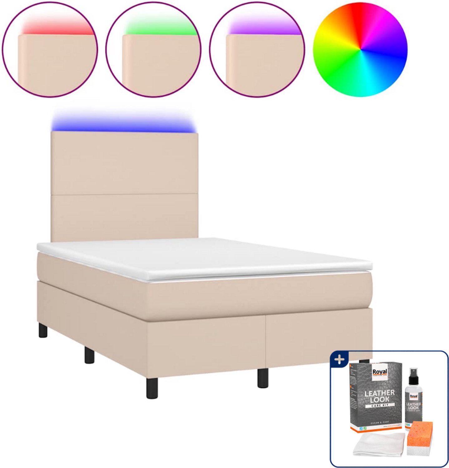 vidaXL Boxspring met matras en LED - 120 x 190 cm - kunstleer - cappuccino - Inclusief onderhoudsset voor kunstleer 150 ml Bruin