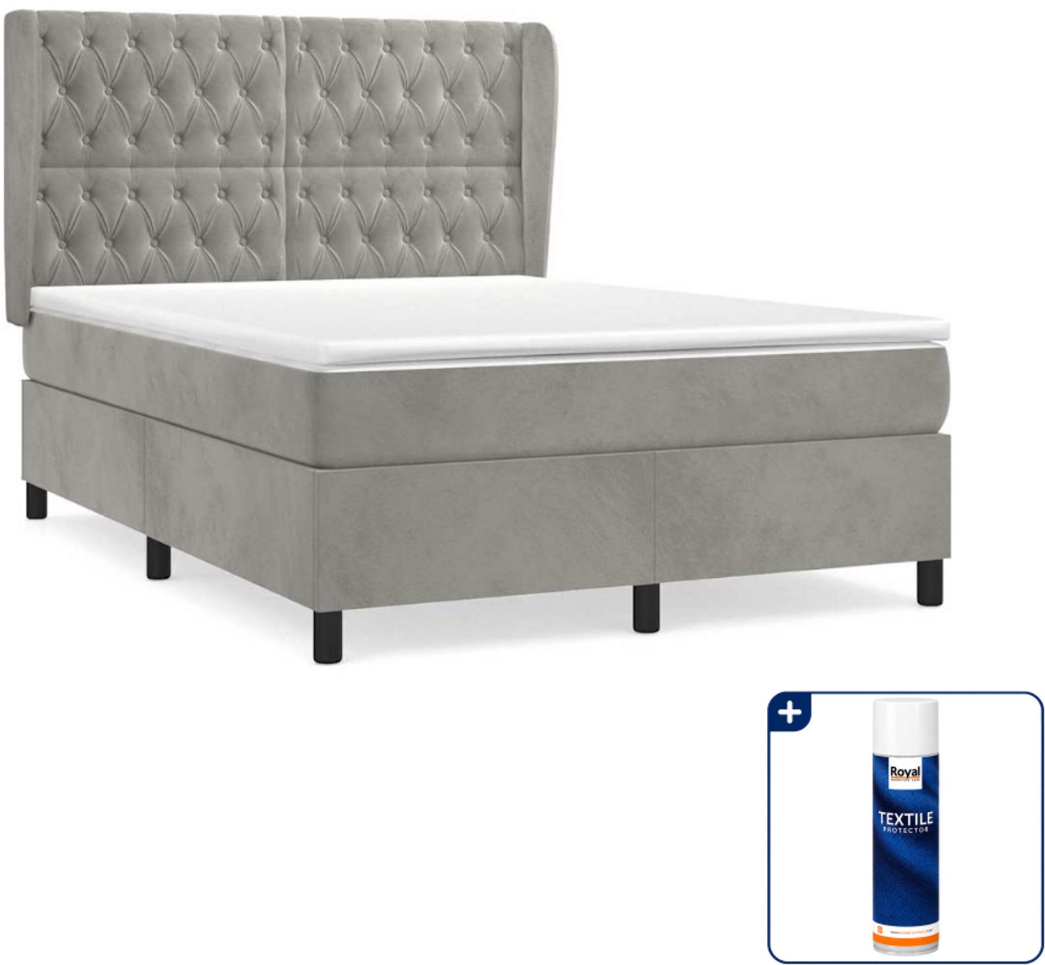 vidaXL boxspring met matras 140 x 190 cm - fluweel - lichtgrijs - Inclusief textielbeschermer 500 ml