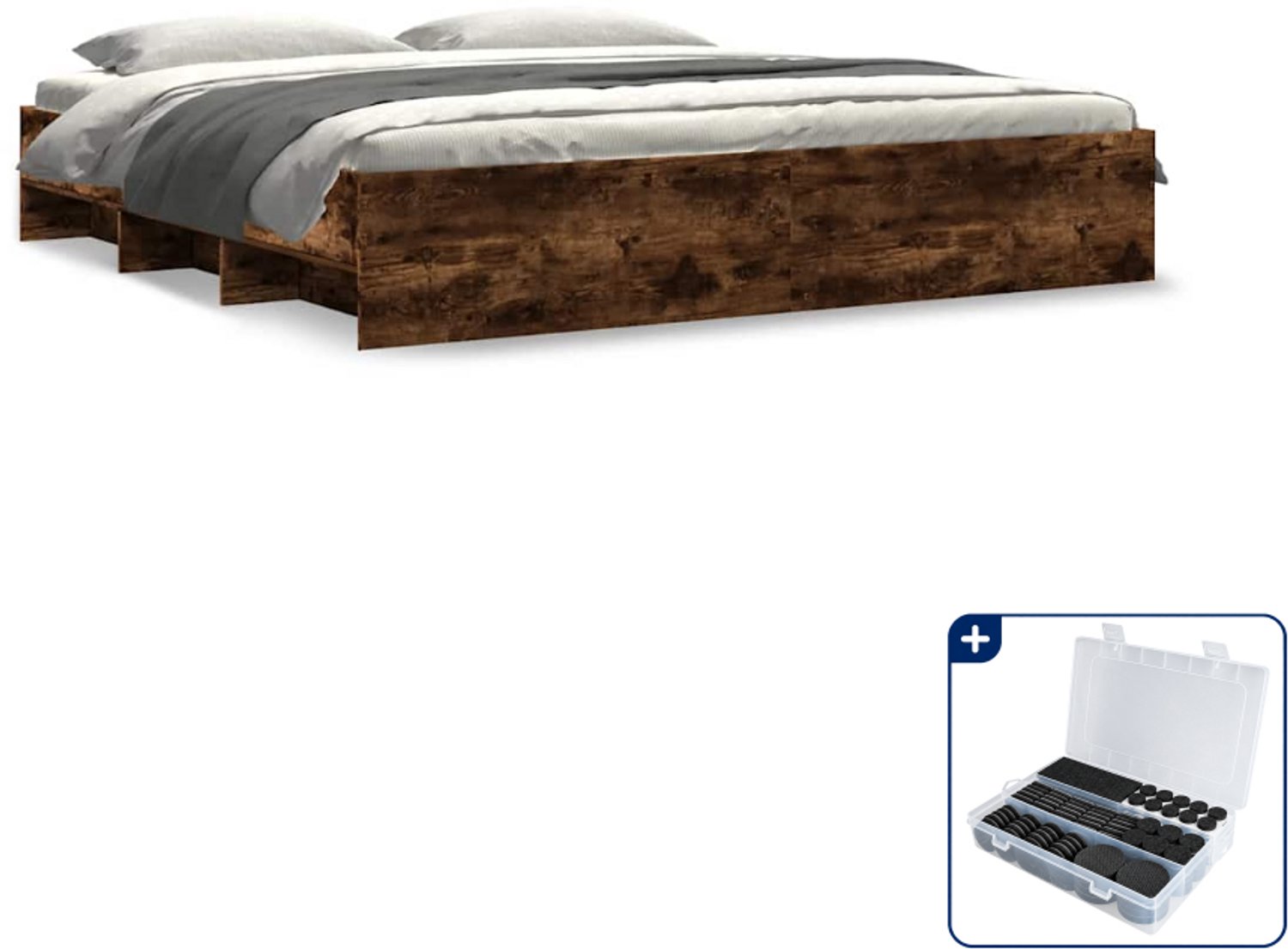 vidaXL bedframe - 200 x 200 cm - bewerkt hout - gerookt eiken - Inclusief antikrasvilt 177-delig Wit
