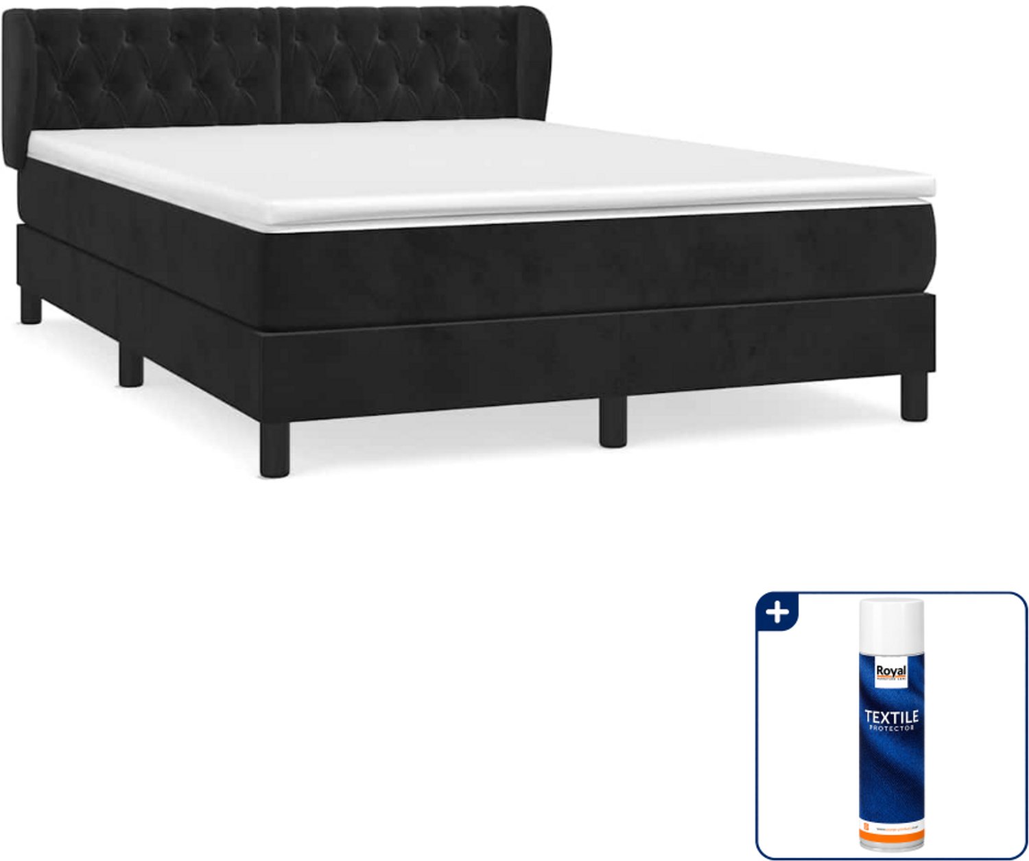 vidaXL boxspring met matras 140 x 190 cm - fluweel - zwart - Inclusief textielbeschermer 500 ml