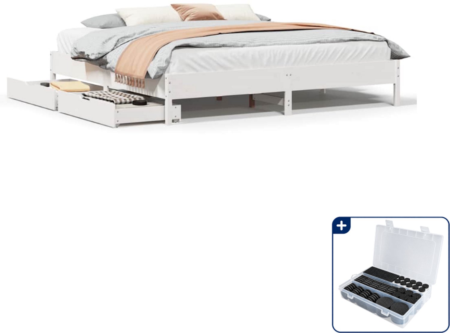 vidaXL Kingsize bedframe met 2 lades - 180 x 200 cm - wit - Inclusief antikrasvilt 177-delig