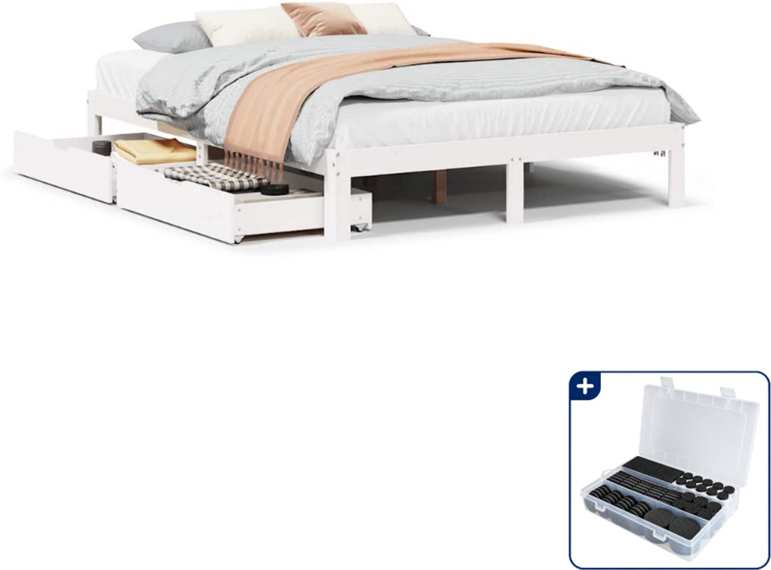 vidaXL Bedframe met lades - Small double - 140 x 200 cm - wit - Inclusief antikrasvilt 177-delig Bruin