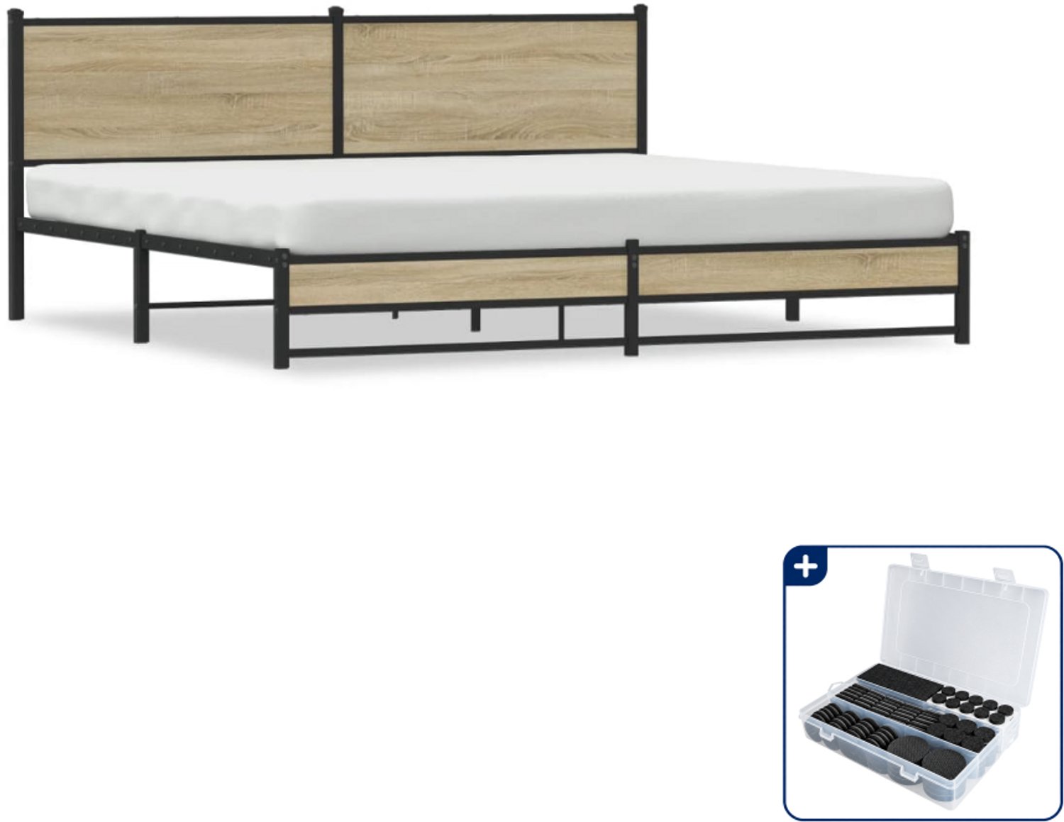 vidaXL bedframe - 193 x 203 cm - staal en bewerkt hout - sonoma eiken - Inclusief antikrasvilt 177-delig Bruin