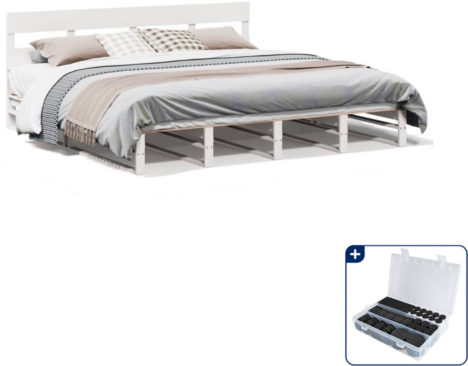 vidaXL Kingsize bedframe - 180 x 200 cm - massief grenenhout - wit - Inclusief antikrasvilt 177-delig