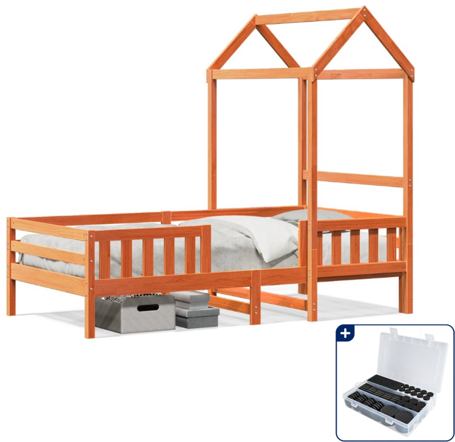 vidaXL bedframe met huisje - 80 x 200 cm - grenenhout - wasbruin - Inclusief antikrasvilt 177-delig