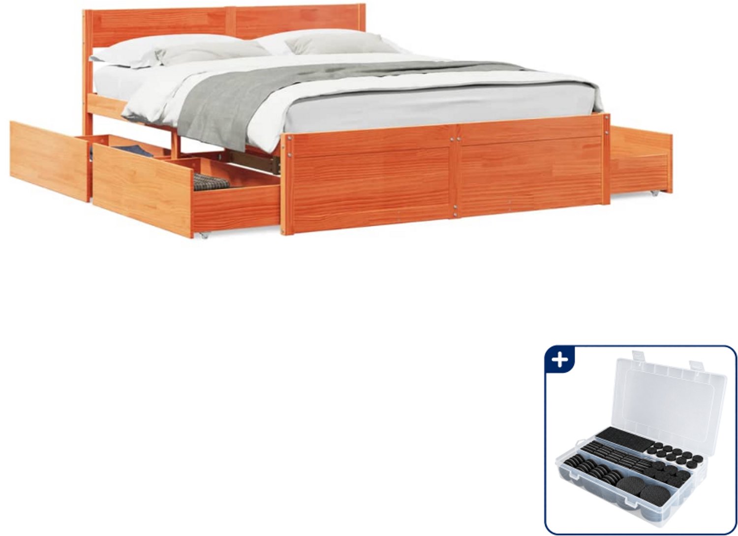 vidaXL bedframe met 4 lades - 150 x 200 cm - massief grenen - wasbruin - Inclusief antikrasvilt 177-delig Blauw