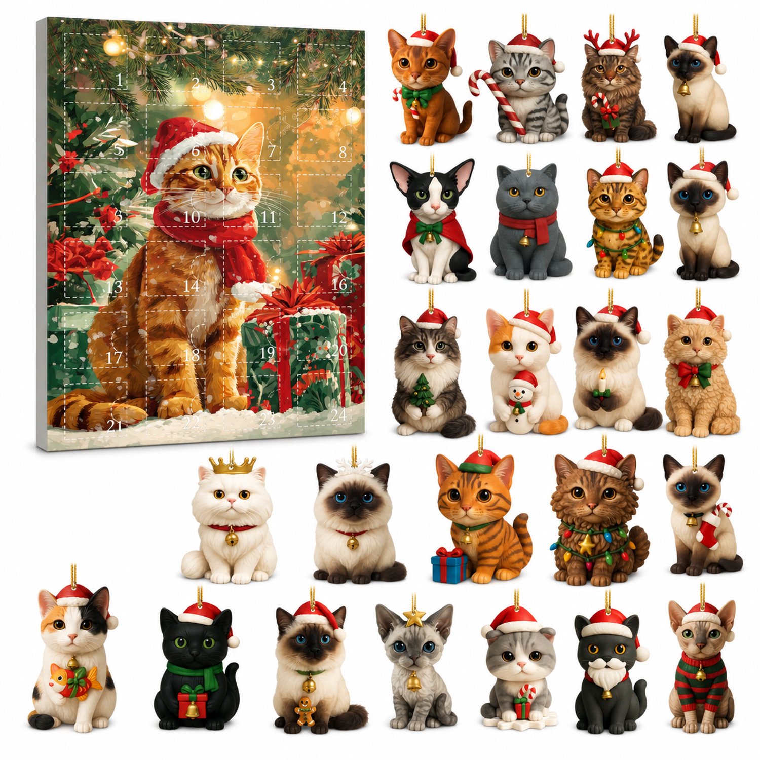 Kattenadventskalender met 24 vakjes en 24 platte kattenhangers met ophangkoord - in papieren doos