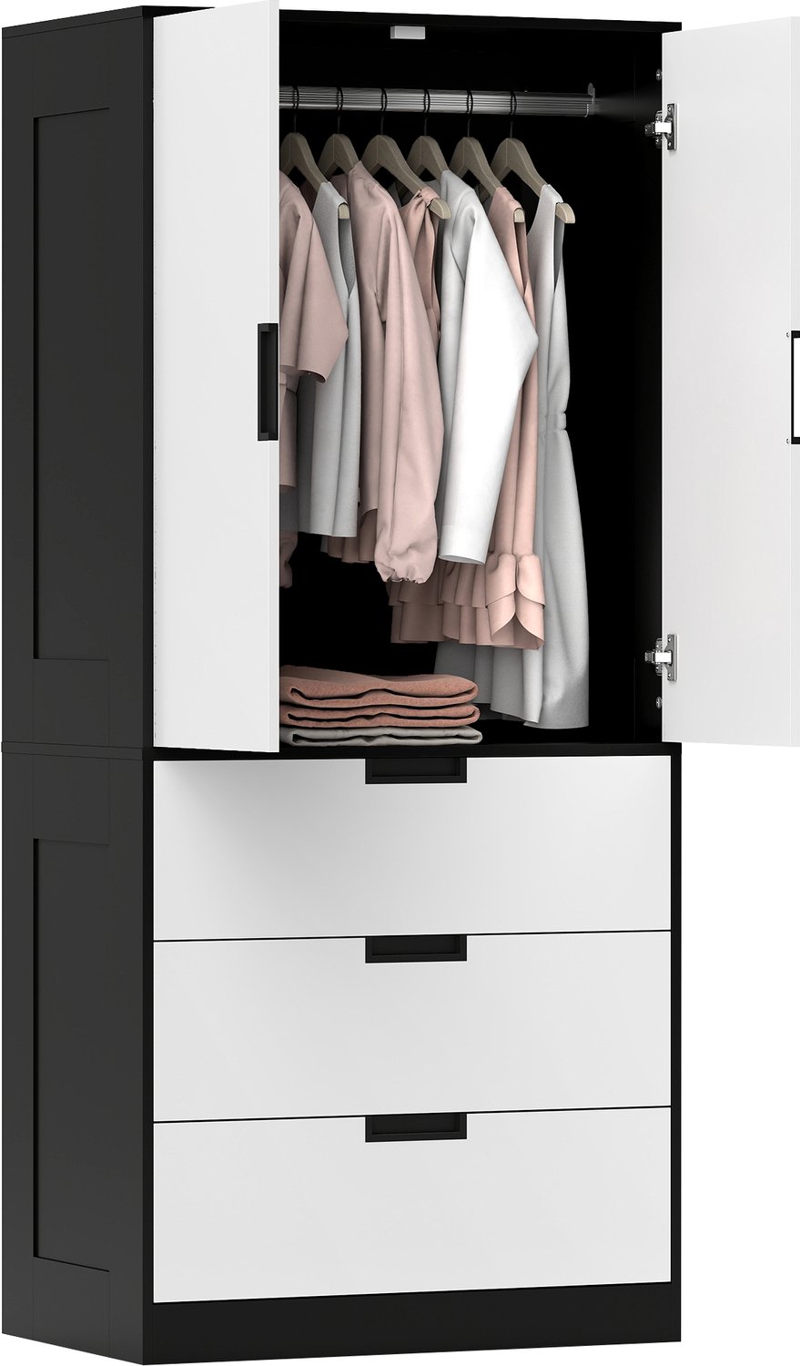 ECTEATOY Kledingkast met 2 Deuren en 3 Laden - Garderobekast met Kledingroede - Soft-Close - 80 x 50 x 180 cm - Wit en Zwart