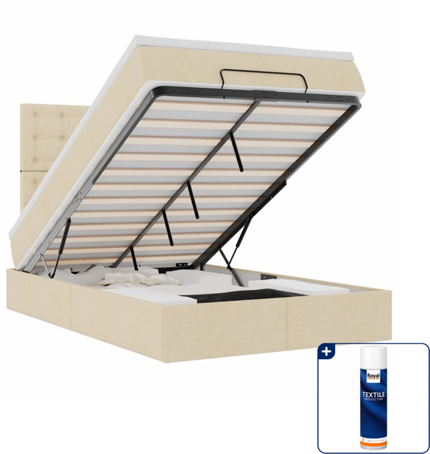 vidaXL ottoman bed met matras - 120 x 190 cm - stof - crèmekleurig - Inclusief textielbeschermer 500 ml Grijs