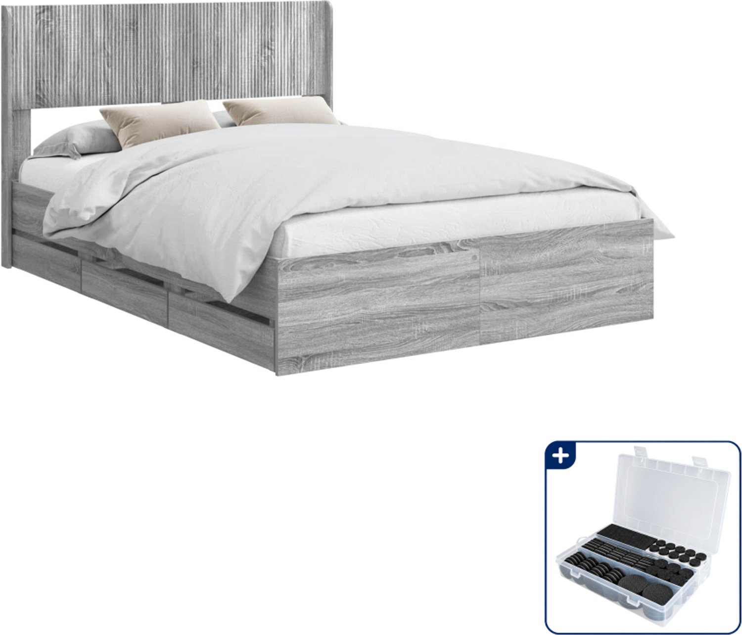 vidaXL bedframe met opbergruimte - 146,5 x 203 x 100 cm - bewerkt hout - grijs sonoma - Inclusief antikrasvilt 177-delig