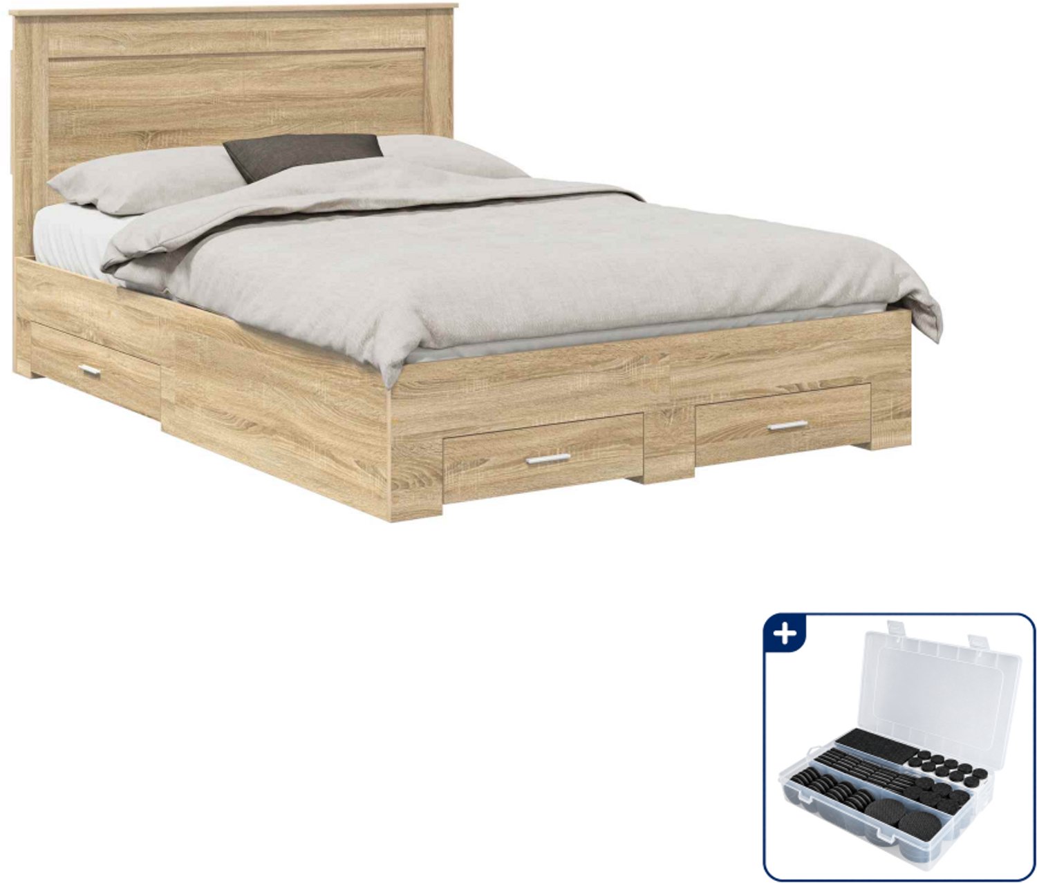 vidaXL Bedframe met lade - 140 x 190 cm - bewerkt hout - sonoma eiken - Inclusief antikrasvilt 177-delig Grijs