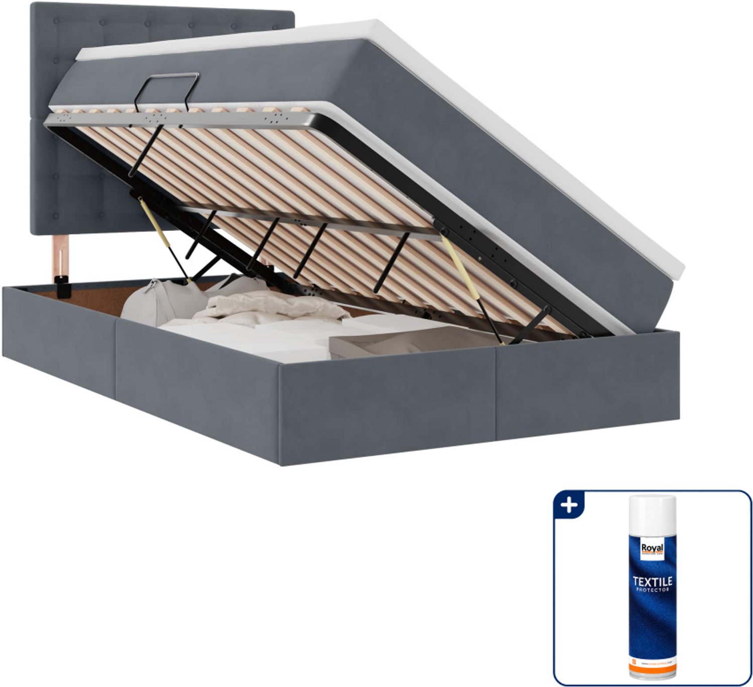 vidaXL led opslagbed met matras - 120 x 200 cm - fluweel - donkergrijs - Inclusief textielbeschermer 500 ml Blauw
