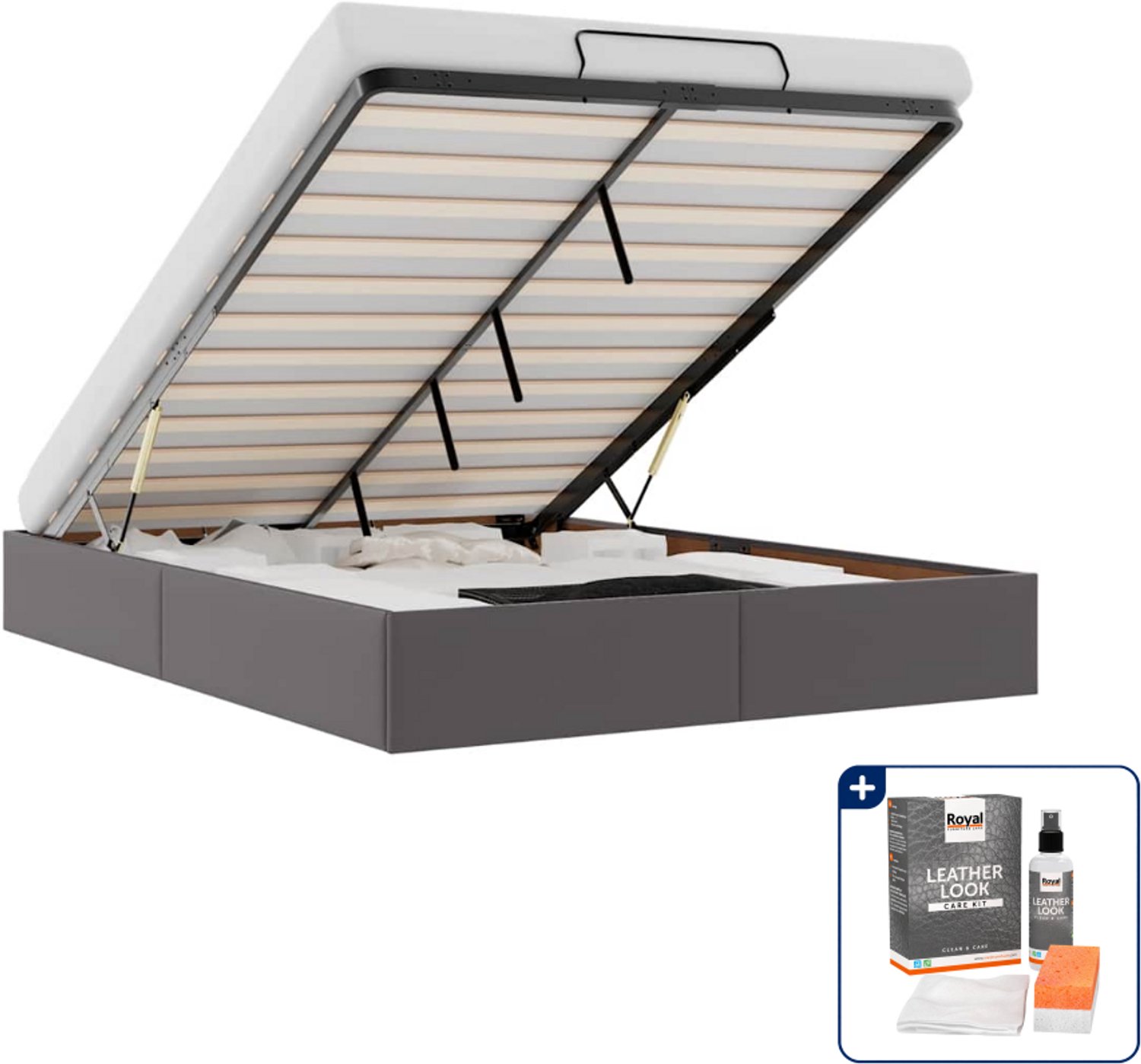 vidaXL Bedframe Small double - 140 x 200 cm - kunstleer - grijs - Inclusief onderhoudsset voor kunstleer 150 ml Crème
