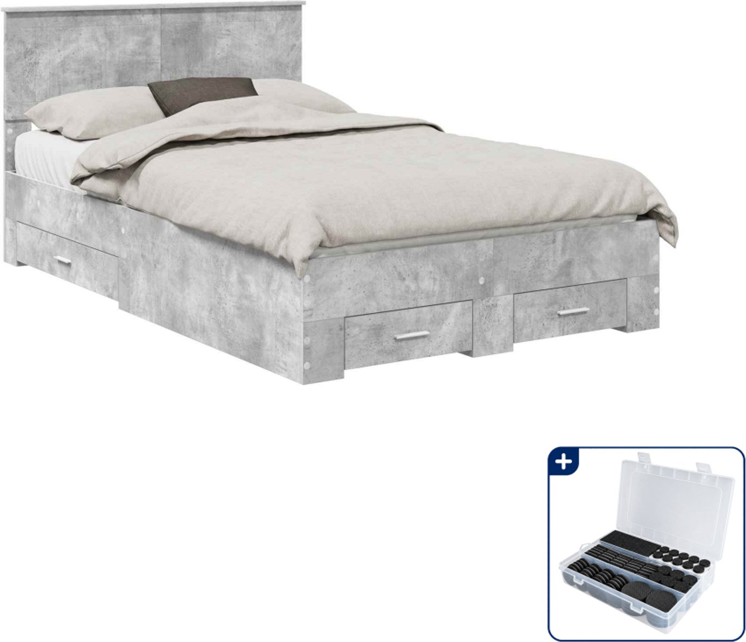 vidaXL bedframe - 120 x 190 cm - bewerkt hout - betongrijs - Inclusief antikrasvilt 177-delig