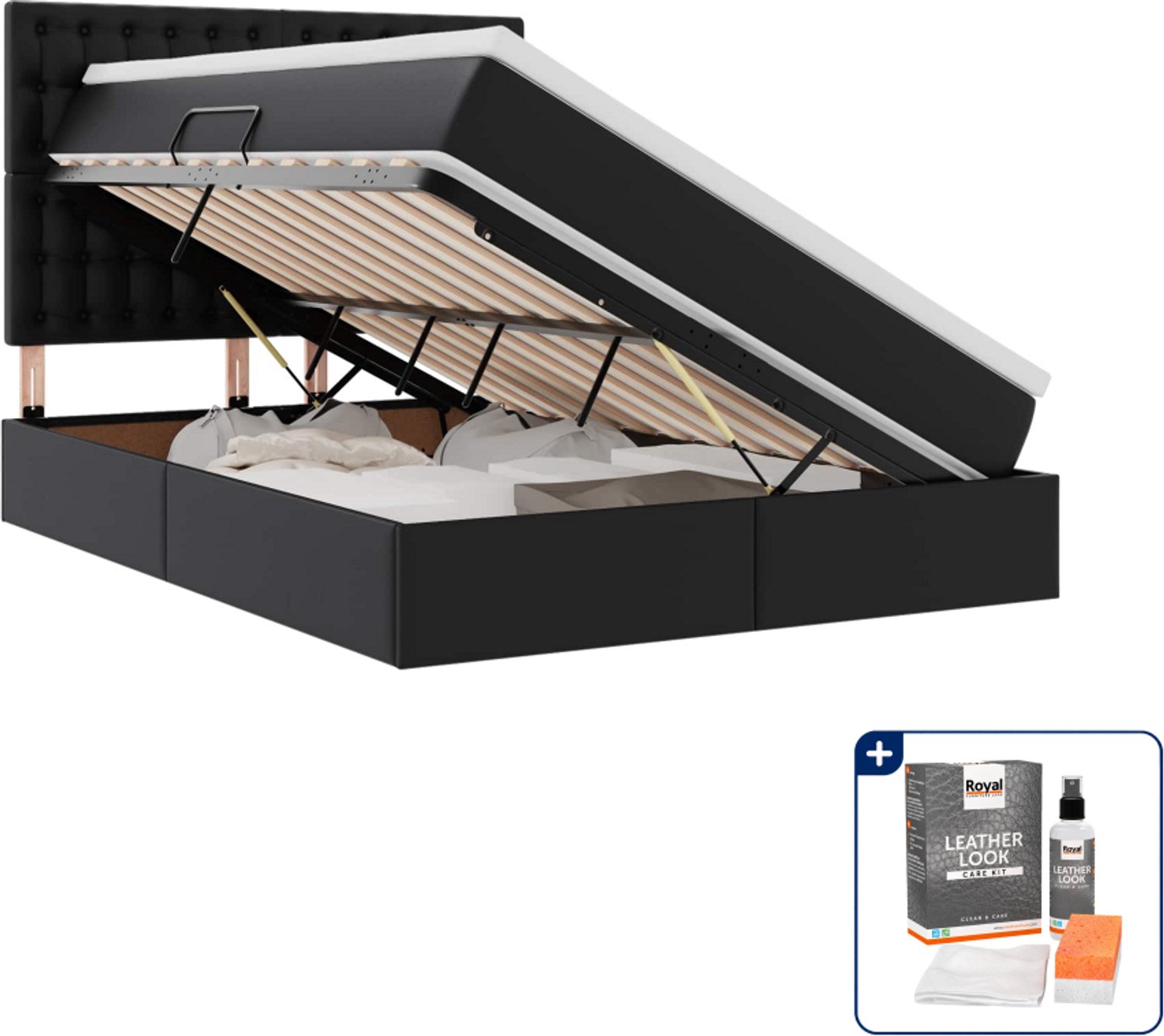vidaXL Opbergbed - Small double - 140 x 200 cm - zwart - Inclusief onderhoudsset voor kunstleer 150 ml Blauw