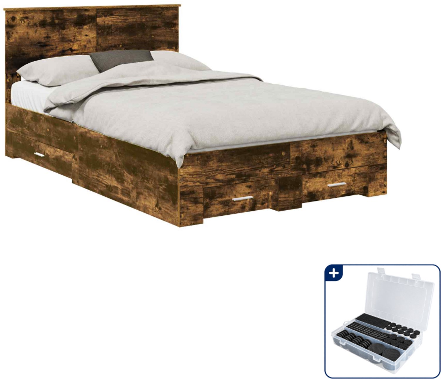 vidaXL Bedframe - 135 x 190 cm - bewerkt hout - gerookt eiken - Inclusief antikrasvilt 177-delig Grijs