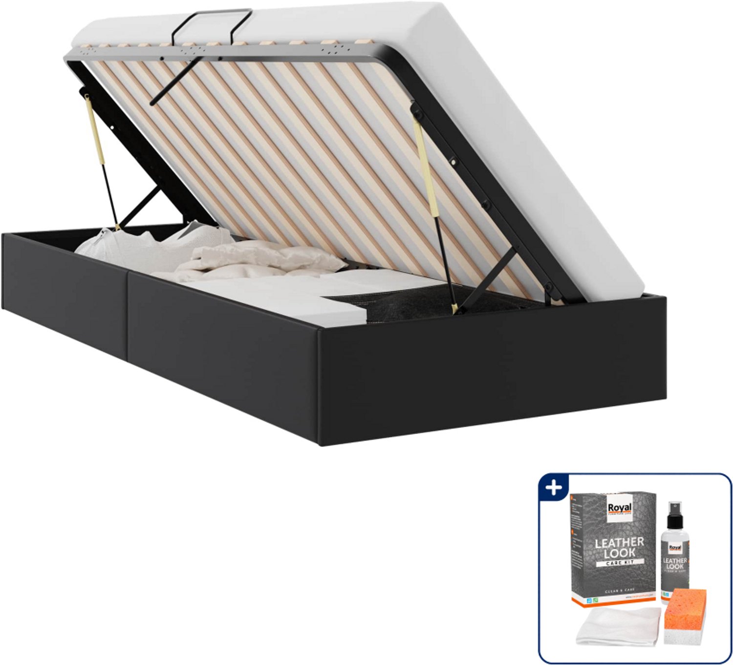 vidaXL opbergbed - 100 x 190 cm - kunstleer - zwart - Inclusief onderhoudsset voor kunstleer 150 ml Blauw