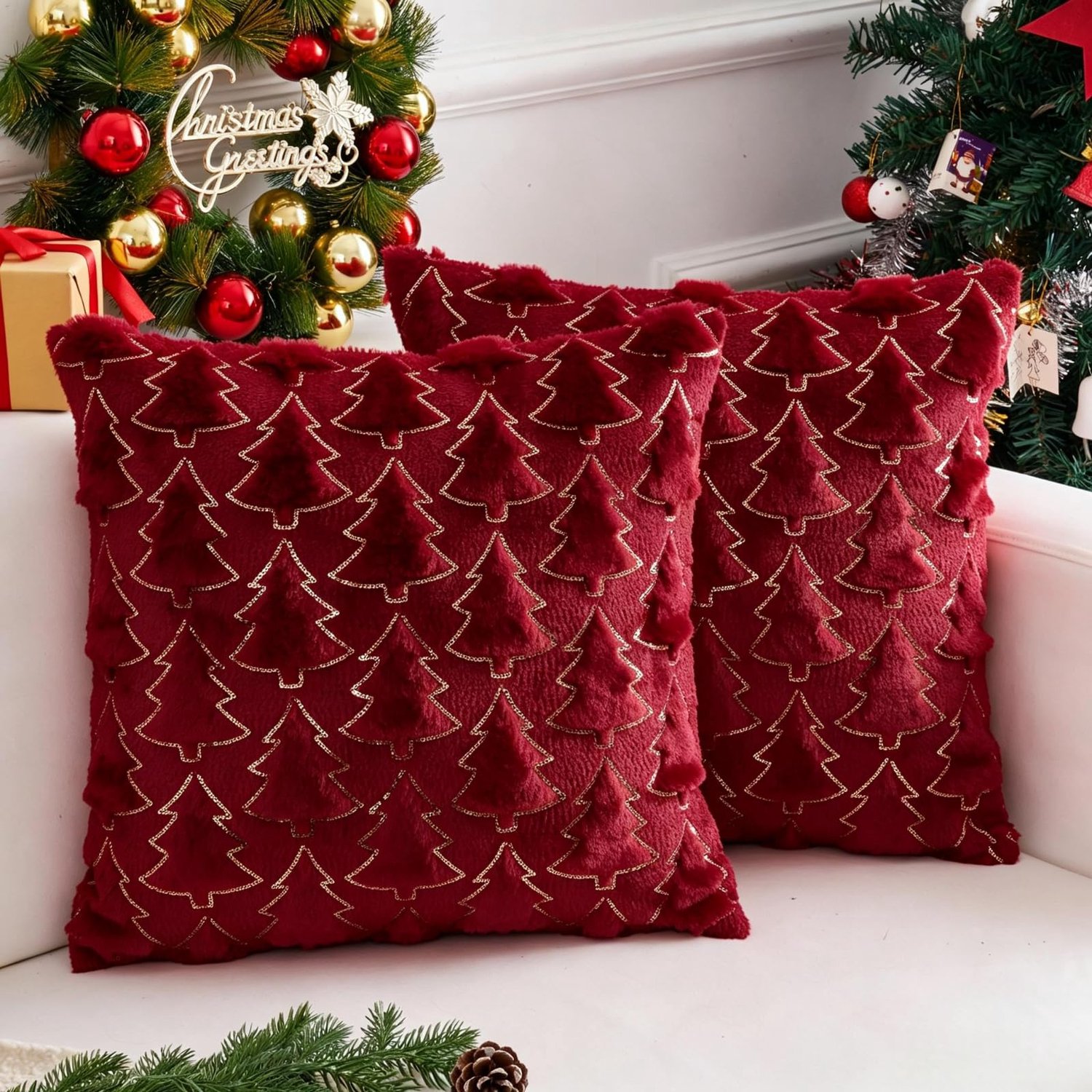 Famanu Kerst kussensloop met rode bomen, fluwelen kussenhoes voor de feestdagen, ideaal voor het toevoegen van een feestelijke touch aan je interieur tijdens Kerstmis wit