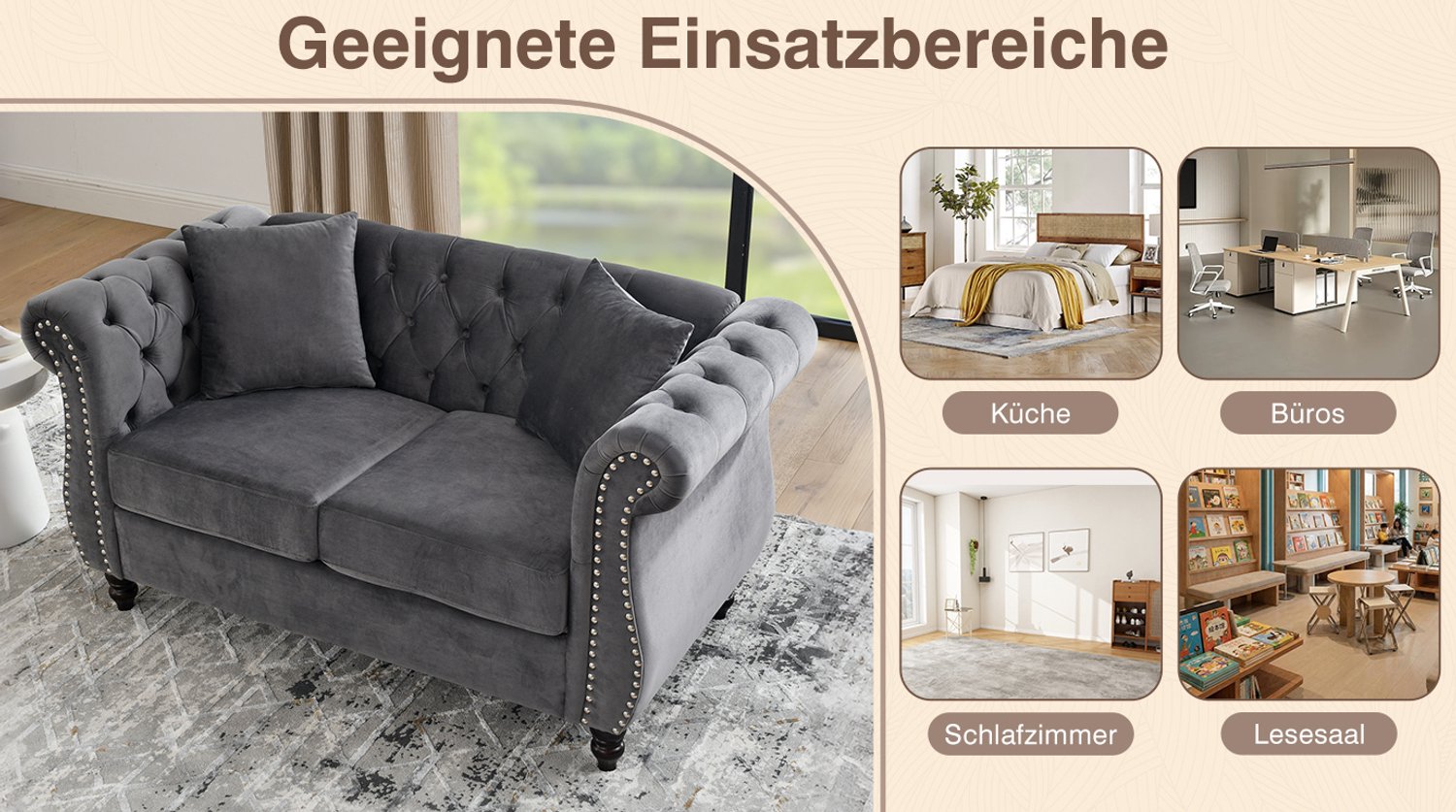 STILVORA Chesterfield Bank 2-Zits 148 cm - Gecapitonneerd Met Rolarmleuningen En Siernagels - Voor Woonkamer - Fluweel - Grijs