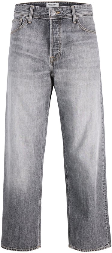 Grijze baggy jeans met knoopsluiting, getoond op een model.