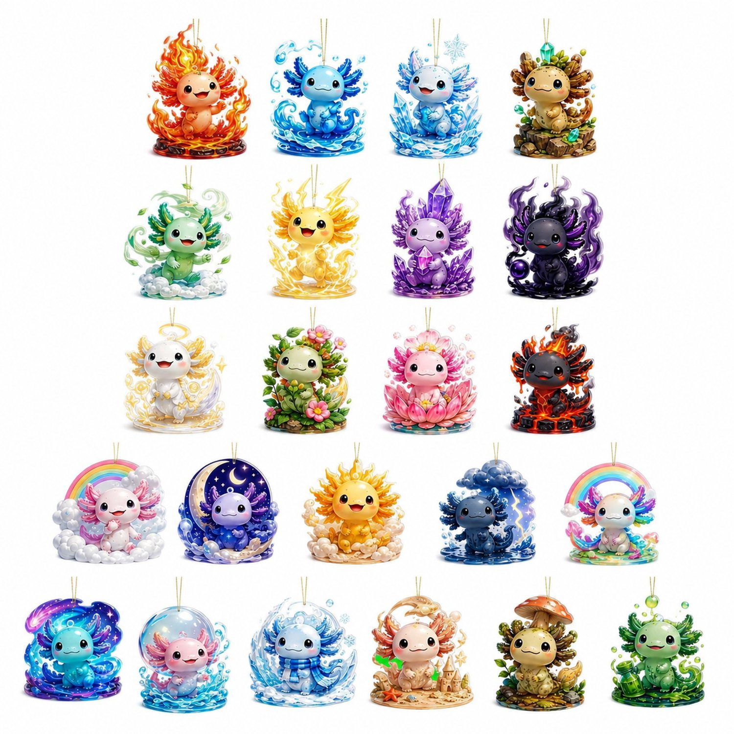 Adventskalender 2026 met 24 axolotl-hangdecoraties van acryl, genummerde vakjes, verpakking 26 x 18 x 3 cm