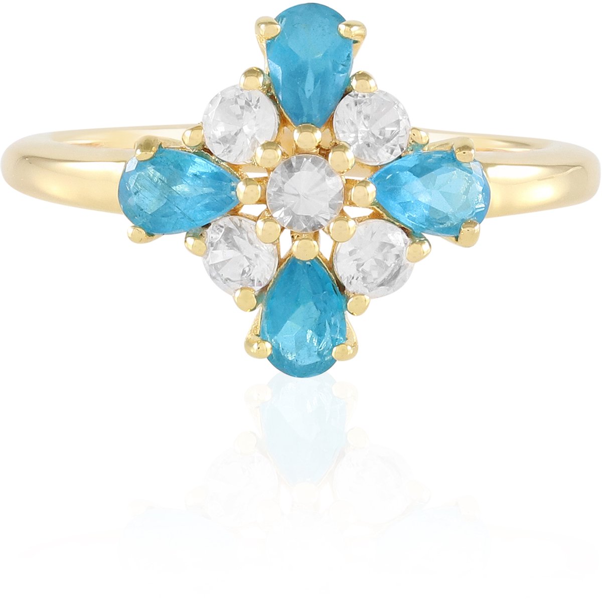 Cavill - 925 Sterling Zilver Vergulde Ring - Neon Blauwe Apatiet 0,70 ct & Zirkonia 0,36 ct - Elegante Bloem Design Ring