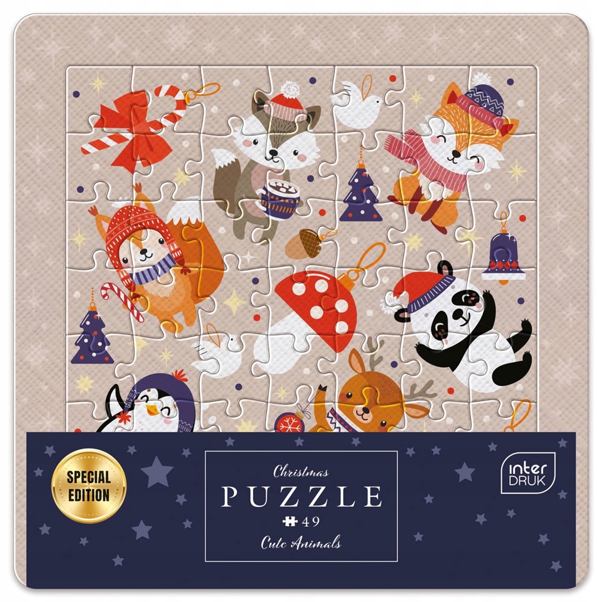 Kerstpuzzel 49 Stukjes met Schaduwrijke Dieren in Winterse Sfeer