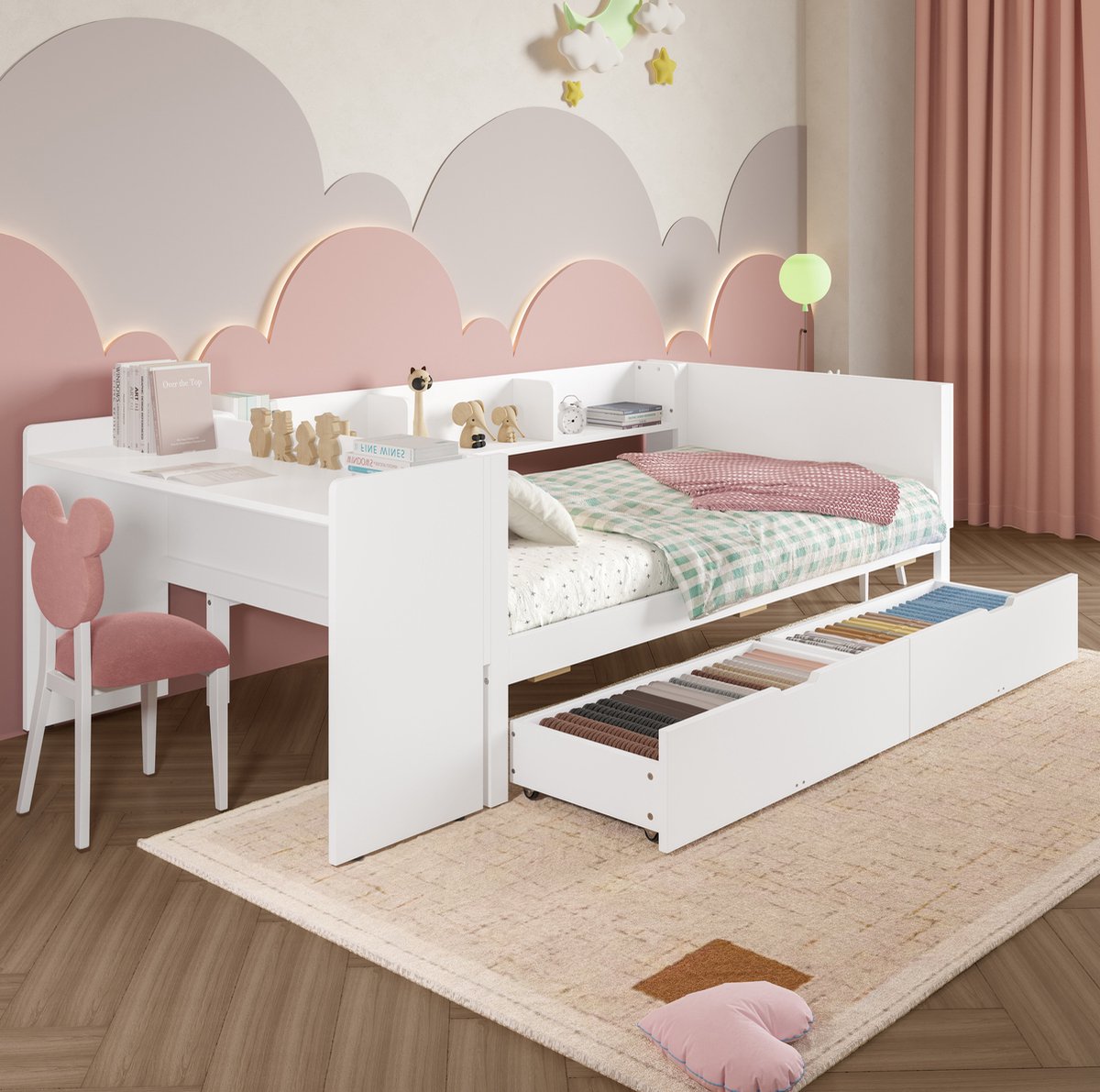 COVREO Bed met bureau en 2 lades – 90x200 cm – Eenpersoonsbed met opbergruimte en planken – Wit - zonder matras