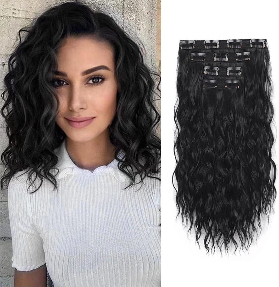 Wavy Clip-In Extensions voor Vrouwen, Natuurlijke Synthetische Haarstukjes, 35 cm Lang, Zwart, Perfect voor Volumineus Haar en Stijlvolle Looks