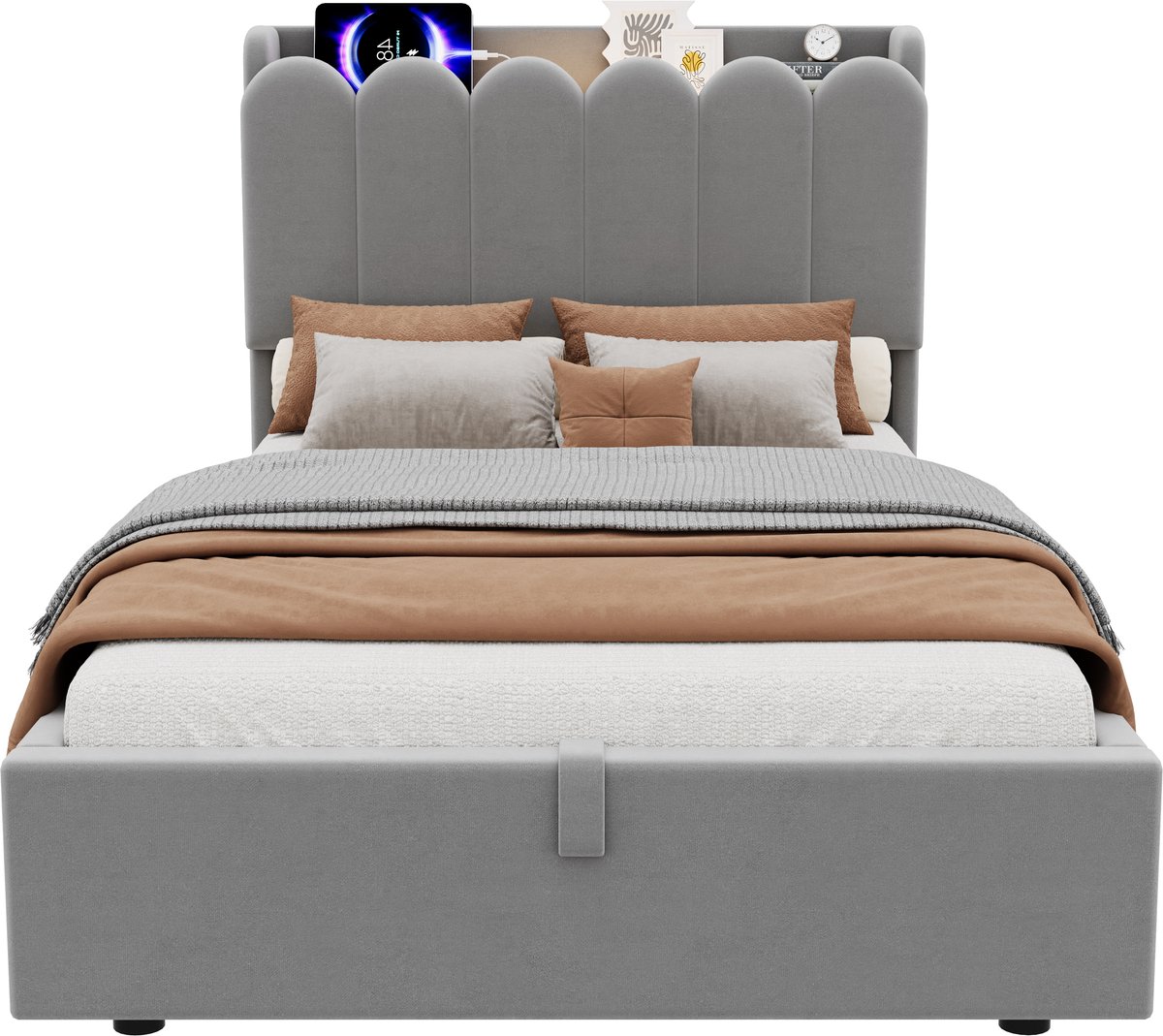 WUVRIE Kinderbed 90x200 cm met hydraulische opbergruimte, hoofdbord met USB, Type-C en leeslamp, grijs