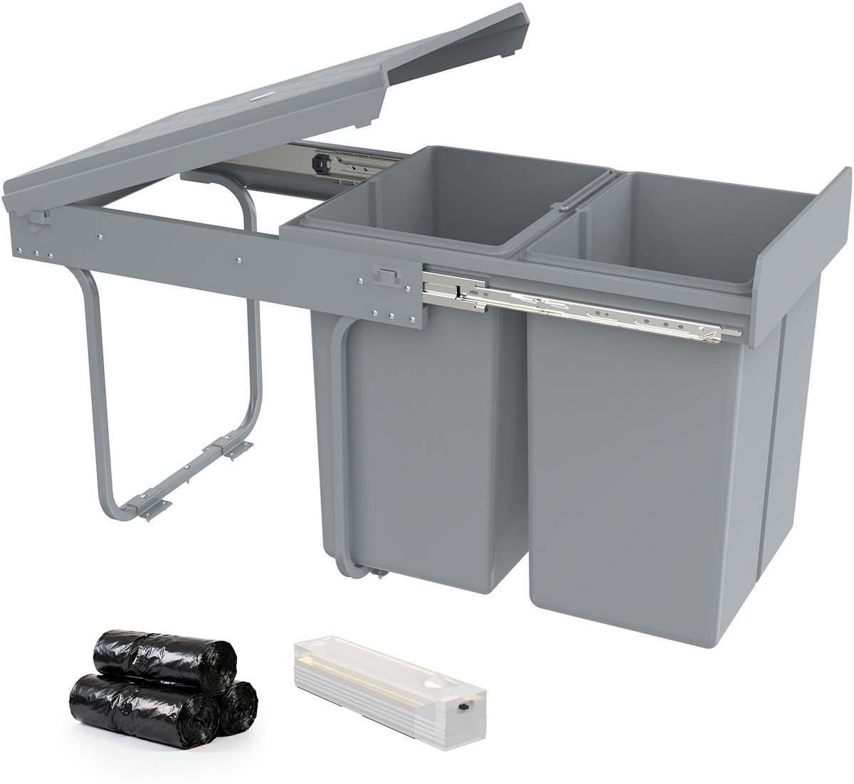 Arvioo Inbouw vuilnisbak‑40L‑2x20L‑demperrail‑keukenkast‑afvalsortering‑grijs