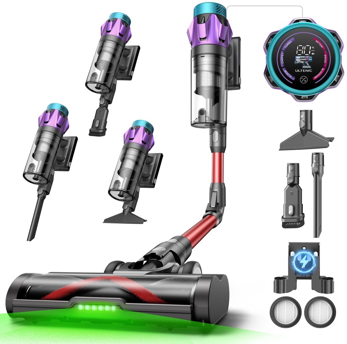 Ultenic U18 Power Pro draadloze stofzuiger, krachtige zuigkracht van 55 kPa, 600W motor, tot 80 minuten gebruiksduur, anti-klitborstel, slim led-display, 6-laags filter, oplaadstation voor wandmontage, geschikt voor dierenharen en harde vloeren.